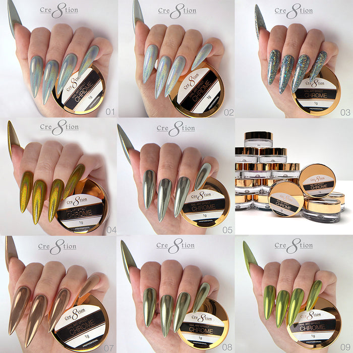 Cre8tion Chrome Nail Art Effect 1g - Full set 36 colors w/ 6 Top Diamond 0.5oz & 1 set Color Chart