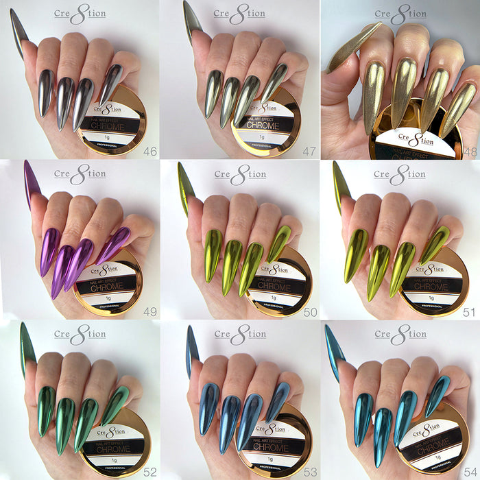 Cre8tion Chrome Nail Art Effect 1g - Full set 18 NEW colors w/ 3 Top Diamond 0.5oz & 1 set Color Chart