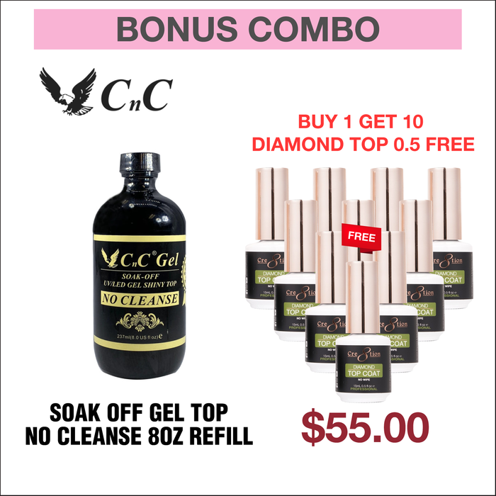 (Bonus Combo) CnC Soak Off Gel Top No Cleanse 8oz Refill - Buy 1 Get 10 Cre8tion Diamond Top 0.5oz Free