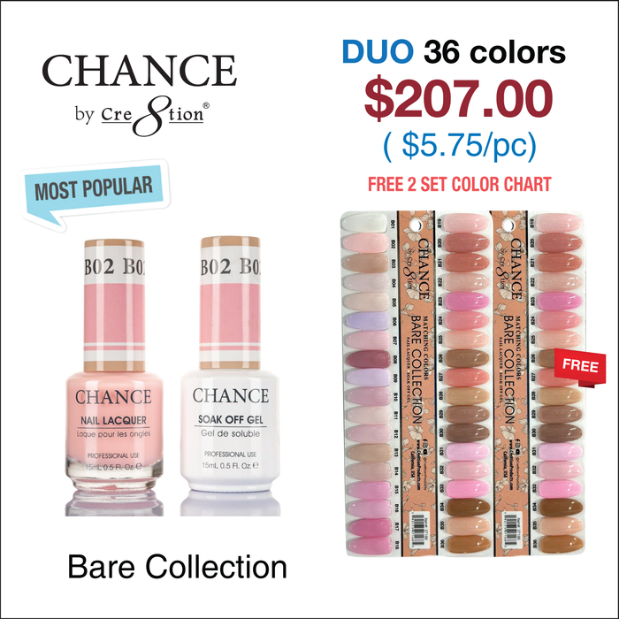 Chance Full Set - Matching Color Gel & Nail Lacquer 0.5oz - Bare Collection 36 Colors w/ 2 sets color chart