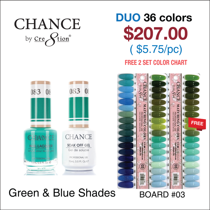 Chance Matching Color Gel & Nail Lacquer 0.5oz - 36 Colors #073 - #108 - Green & Blue Shades Collection w/ 2 set Color Chart