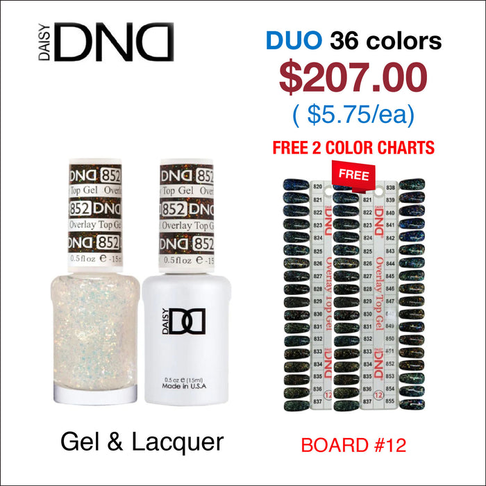 DND Duo Matching Color - Overlay Glitter Top Gel Collection - Juego completo de 36 colores #820 - #855 con 1 carta de colores