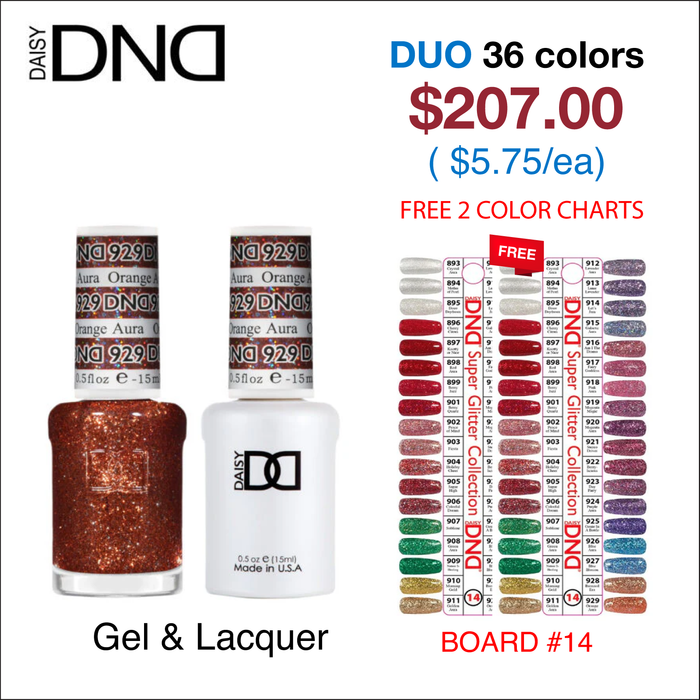 DND Duo Matching Color - Super Glitter Collection - Juego completo de 36 colores #893 - #929 con 1 tabla de colores