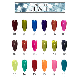 Cre8tion Jewel Collection Soak Off Gel 0.5oz - Juego completo de 12 colores con 3 diamantes superiores de 0.5oz y 1 juego de carta de colores