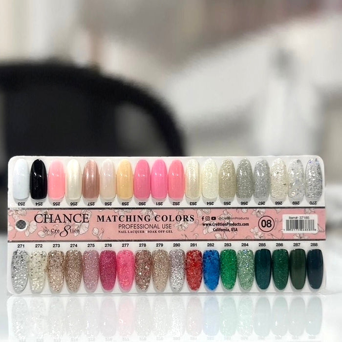 Chance Matching Color Gel & Nail Lacquer 0.5oz - 36 Colors #253 - #288 - Glitter and Pearl Shades Collection w/ 2 set Color Chart