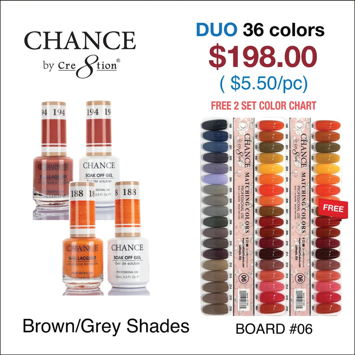 Chance Matching Color Gel & Nail Lacquer 0.5oz - 36 Colors #181 - #216 - Brown/Grey Shades Collection w/ 2 set Color Chart