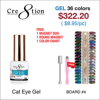 Cre8tion Cat Eye Gel 0.5oz - 36 Colors Board 4 (#109 - #126) Mystical Collection (#01-#12) & Saphire Cat Eye (#SC01-#SC06) w/ 1 Round Shape Magnet, 1 Magnet Duo & 1 Color Chart