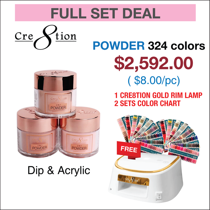 Cre8tion Dip Powder Matching color - Full set 324 colors w/ 1 Cre8tion Cordless Gold Rim Lamp & 2 set Tip Color Chart
