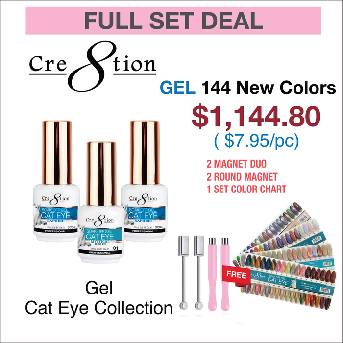 Cre8tion Cat Eye Gel 0.5oz - Full Set 144 Colors W/ 2 Round Magnet, 2 Magnet Duo & 1 set Tip Color Chart