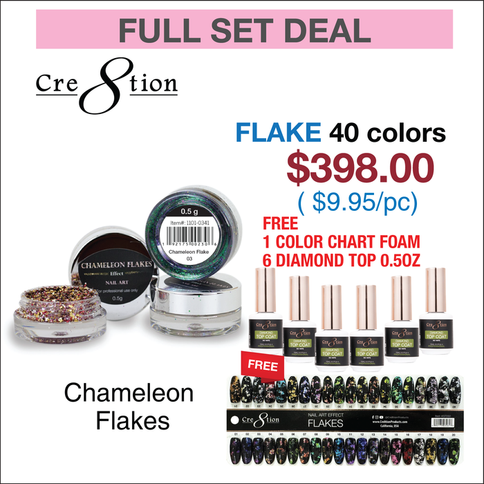 Cre8tion Chameleon Flakes Nail Art Effect 0.5g - Full set 40 colors w/ 6 Top Diamond 0.5oz & 1 Set Color Chart