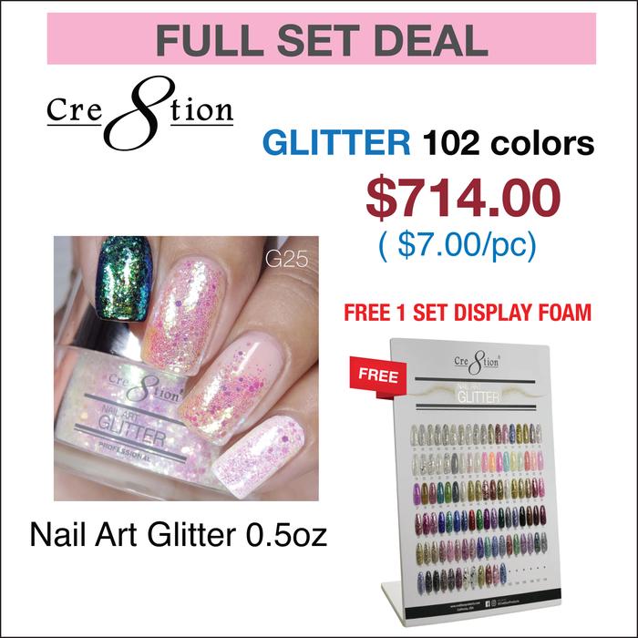 Cre8tion Nail Art Glitter 0.5oz - Juego completo de 102 colores con 1 juego de tabla de colores