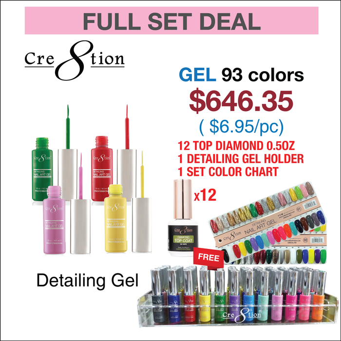 Cre8tion Detailing Nail Art Gel - Full set 93 colors w/ 1 Set Color Chart, 12 Top Diamond 0.5oz & 1 Detailing Gel Holder