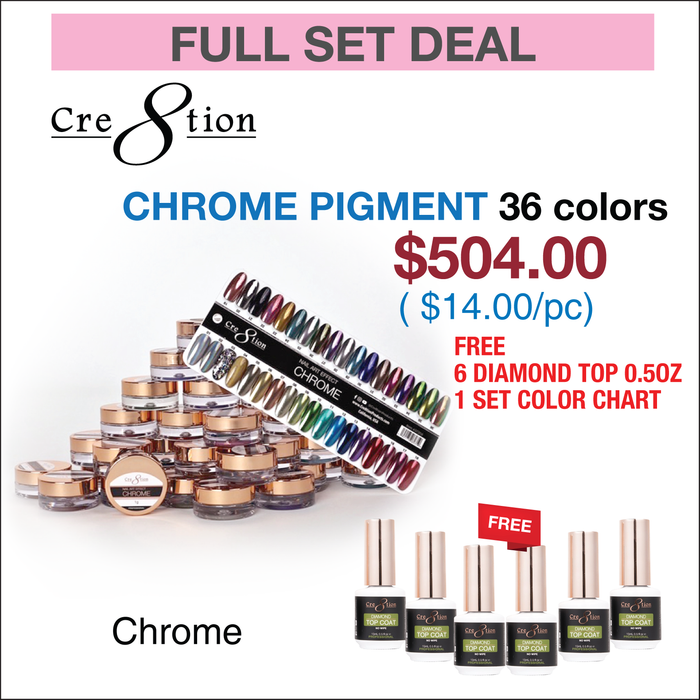 Cre8tion Chrome Nail Art Effect 1g - Full set 36 colors w/ 6 Top Diamond 0.5oz & 1 set Color Chart