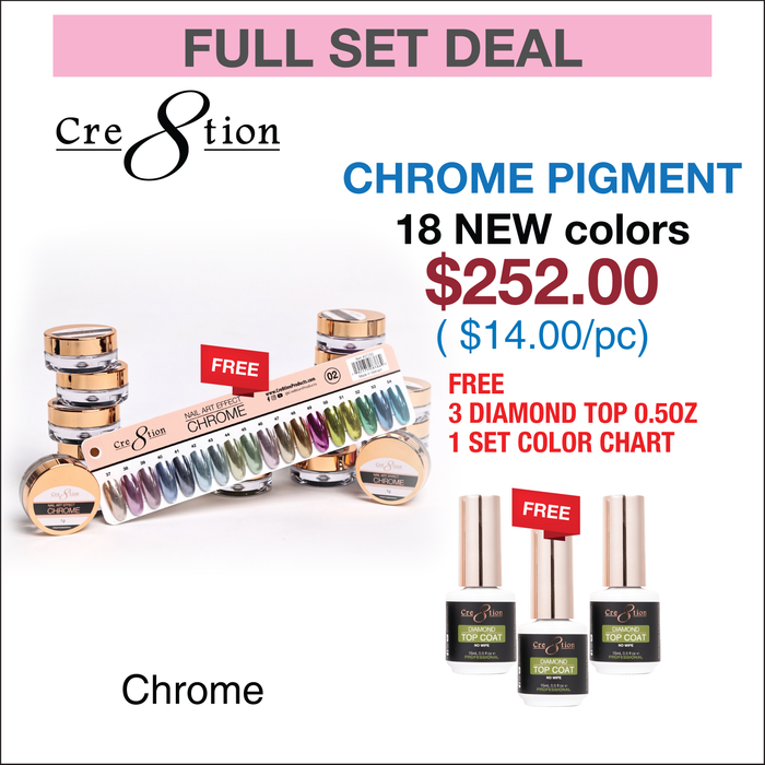 Cre8tion Chrome Nail Art Effect 1g - Full set 18 NEW colors w/ 3 Top Diamond 0.5oz & 1 set Color Chart