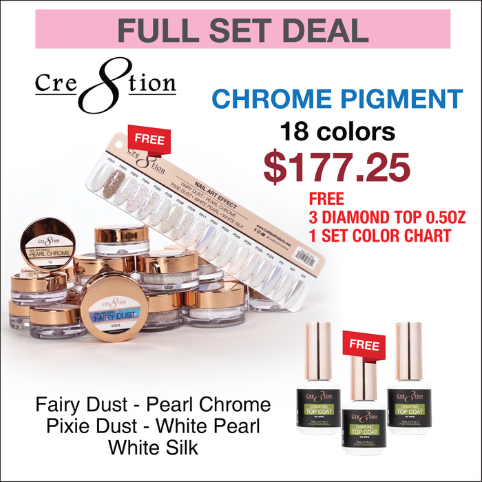 Cre8tion Set Chrome Nail Art Effect 15g - Full set 18 colors w/ 3 Top Diamond 0.5oz & 1 set Color Chart