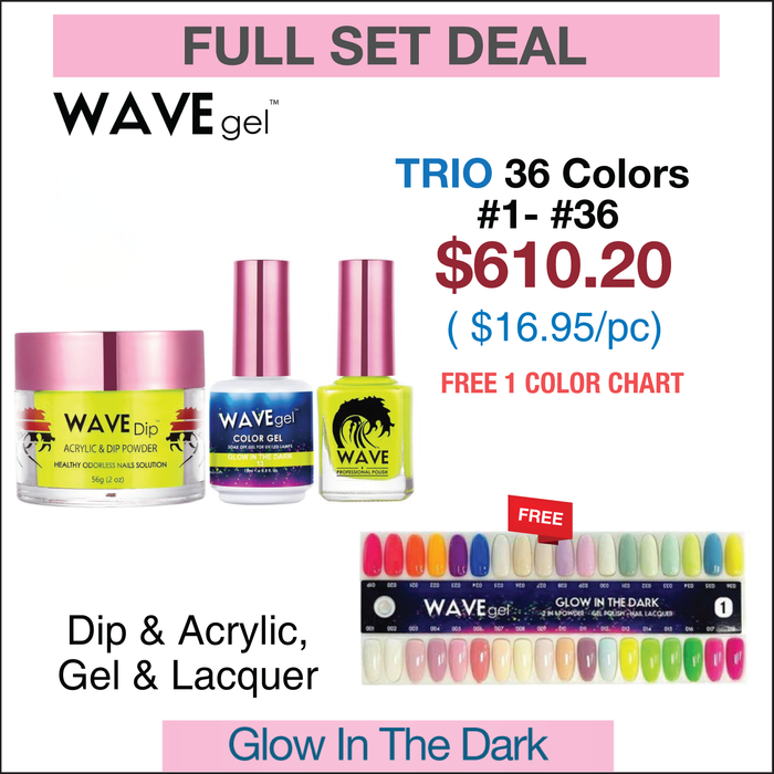 Wavegel Trio Matching Color - Juego completo que brilla en la oscuridad 36 colores #1-36 con 1 tabla de colores